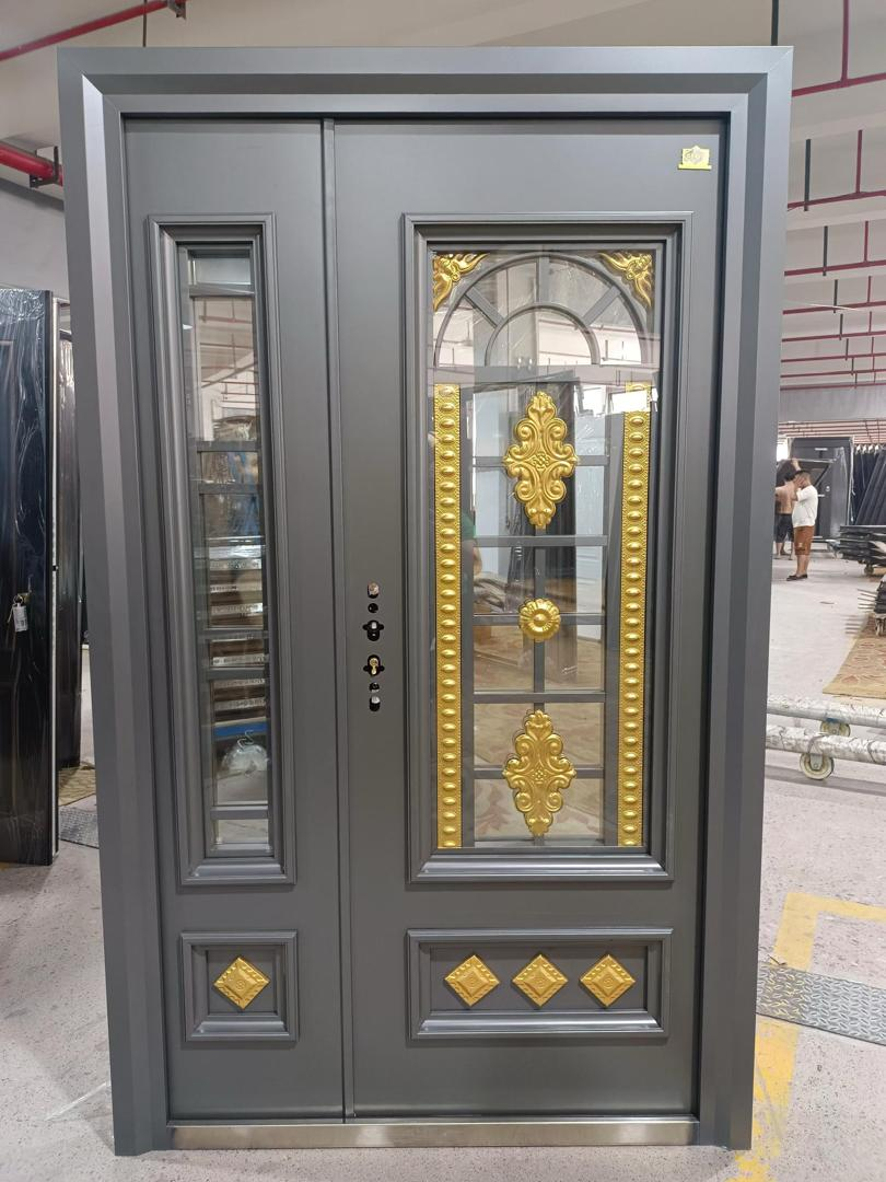 Slate Grey Gold Crest Double Door — Doors