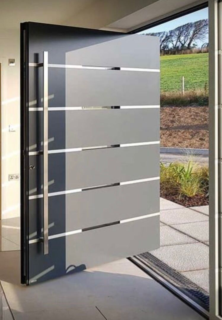 Graphite Slatted Chrome Pivot Door — Doors